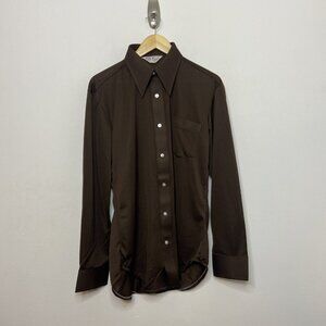 Vintage Woodwards 70s Brown Men L Hipster Mod Disco Button Shirt NWOT